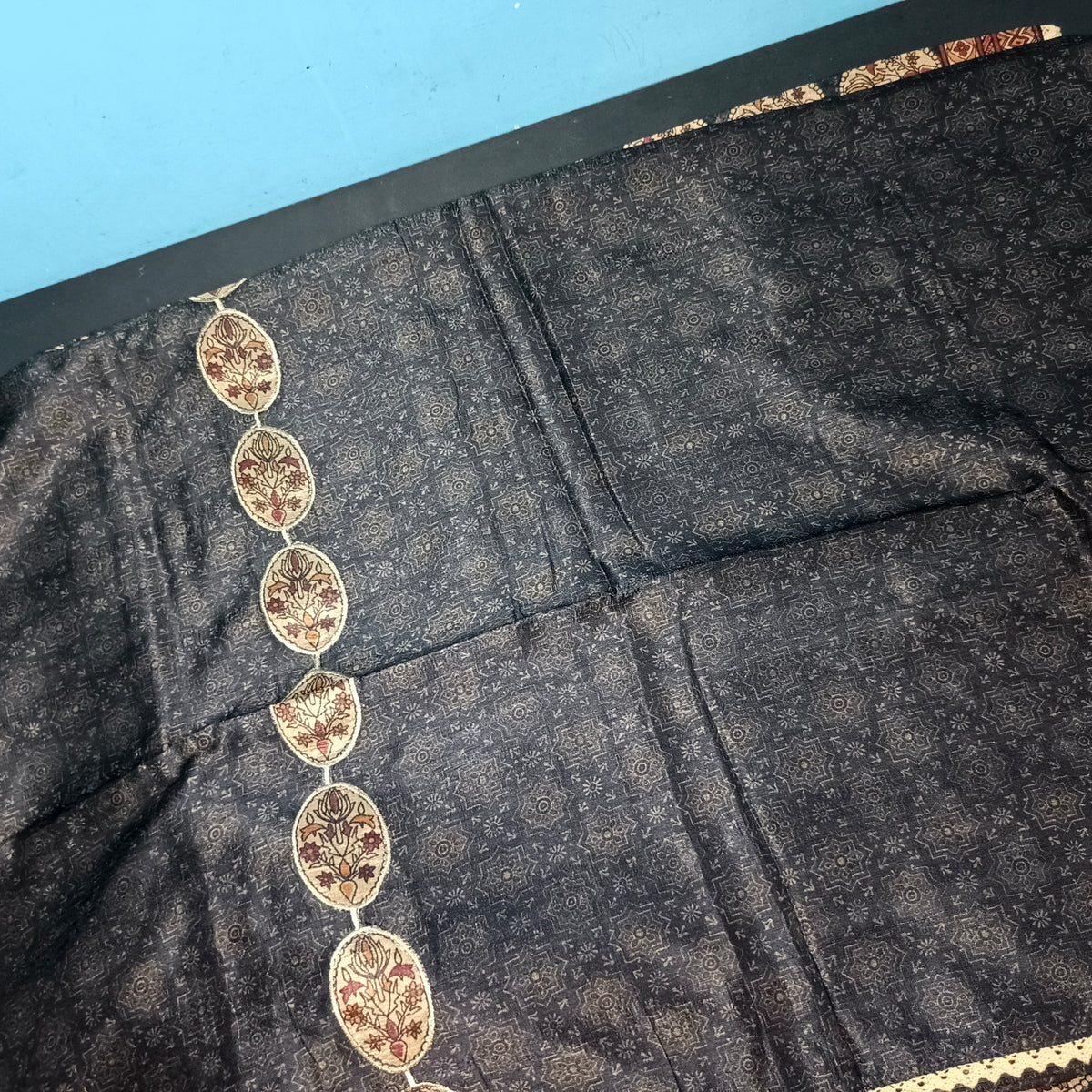 Black Semi Raw silk side panel applique work with Digital print lace dupatta PA25015
