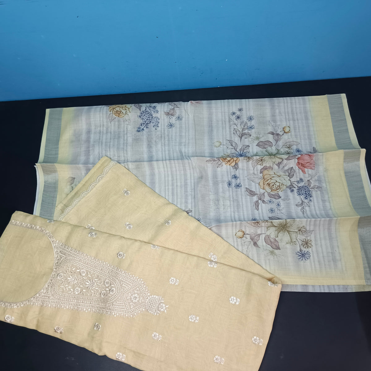 yellow Cotton linen neck embroidery Pastel edits Unstitched suits PA25037
