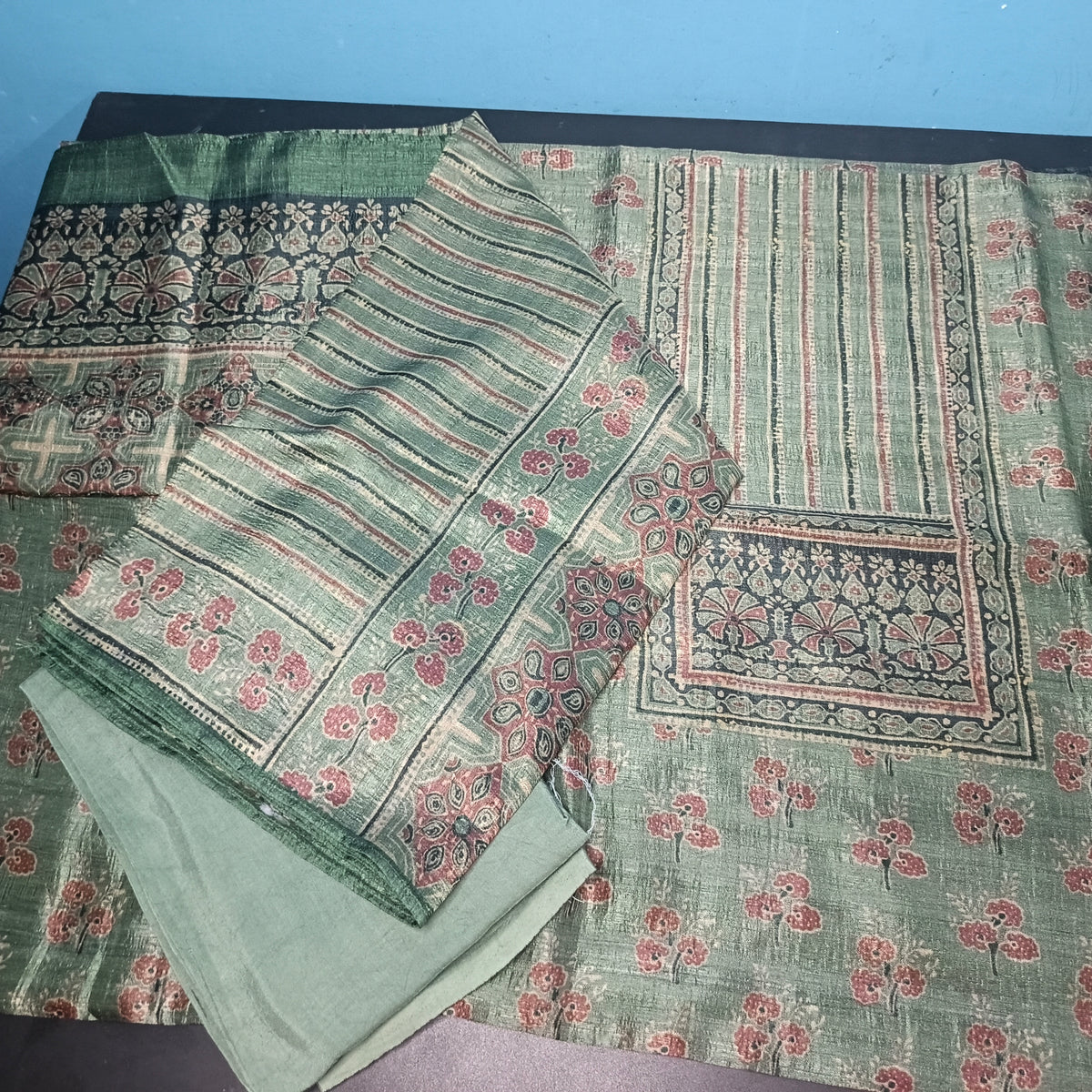 Green Ajrakh Vegan Raw silk unstitched suits PA25063