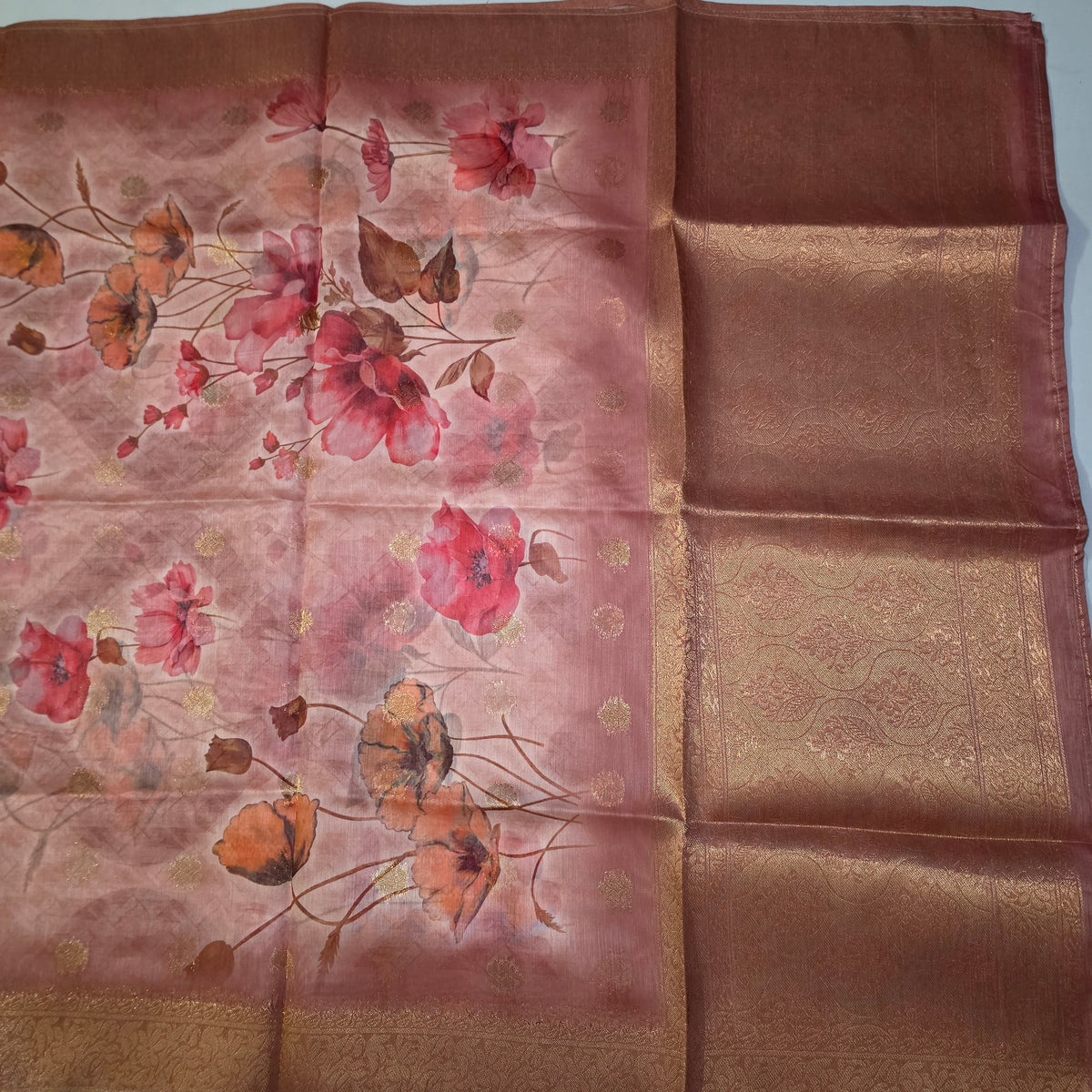 Rust Orange Chanderi Zari weave digital top banarasi dupatta PA25030
