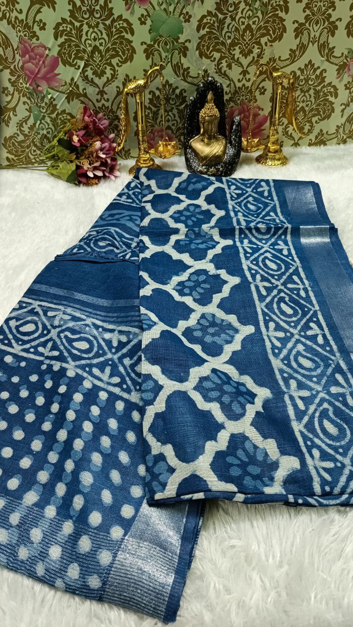 Blue Vegan ethnic dabu dyed linen saree HA25447