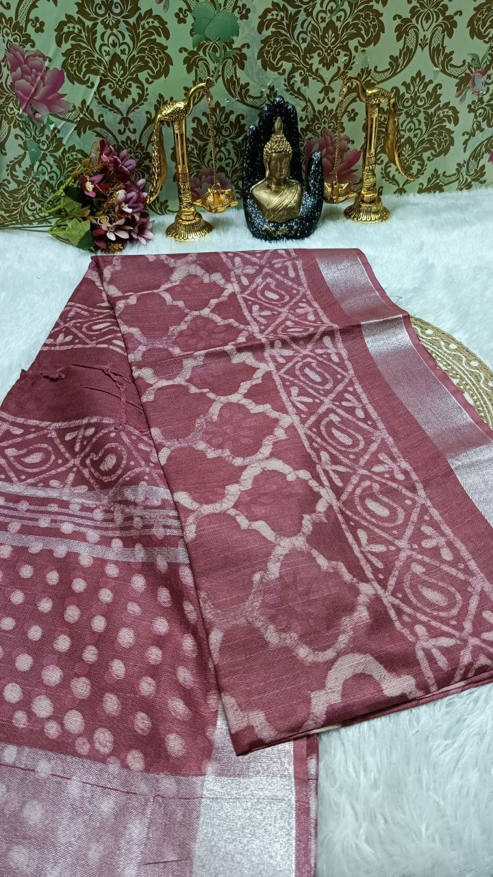 Mauve Vegan ethnic dabu dyed linen saree HA25444