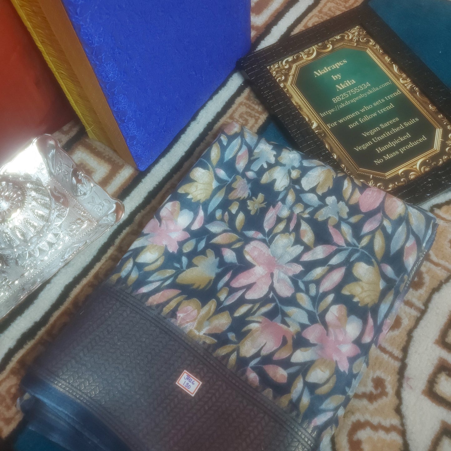 Indigo Vegan dola floral Weaving border saree JA26131