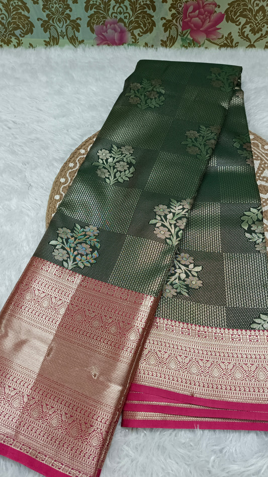 Green with maroon Parijatham Vegan premium kanchi brocade silk saree LA25927
