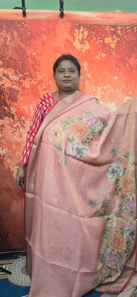 Peach Vegan linen Mystic floral saree SA25712