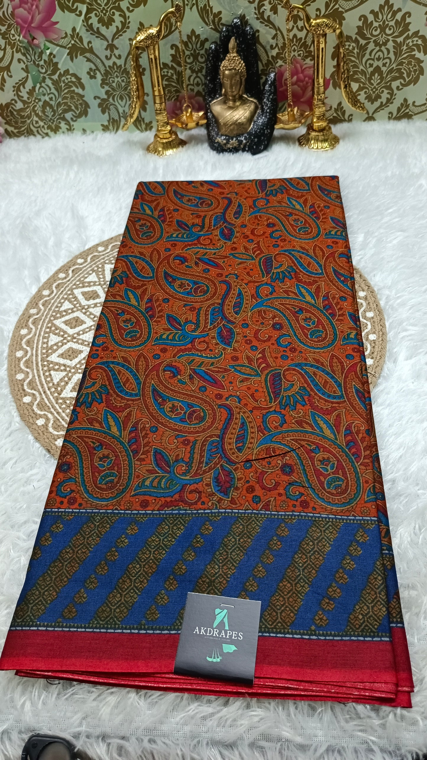 Mustard Yellow Paisley screen printed vegan muslin saree HA25543