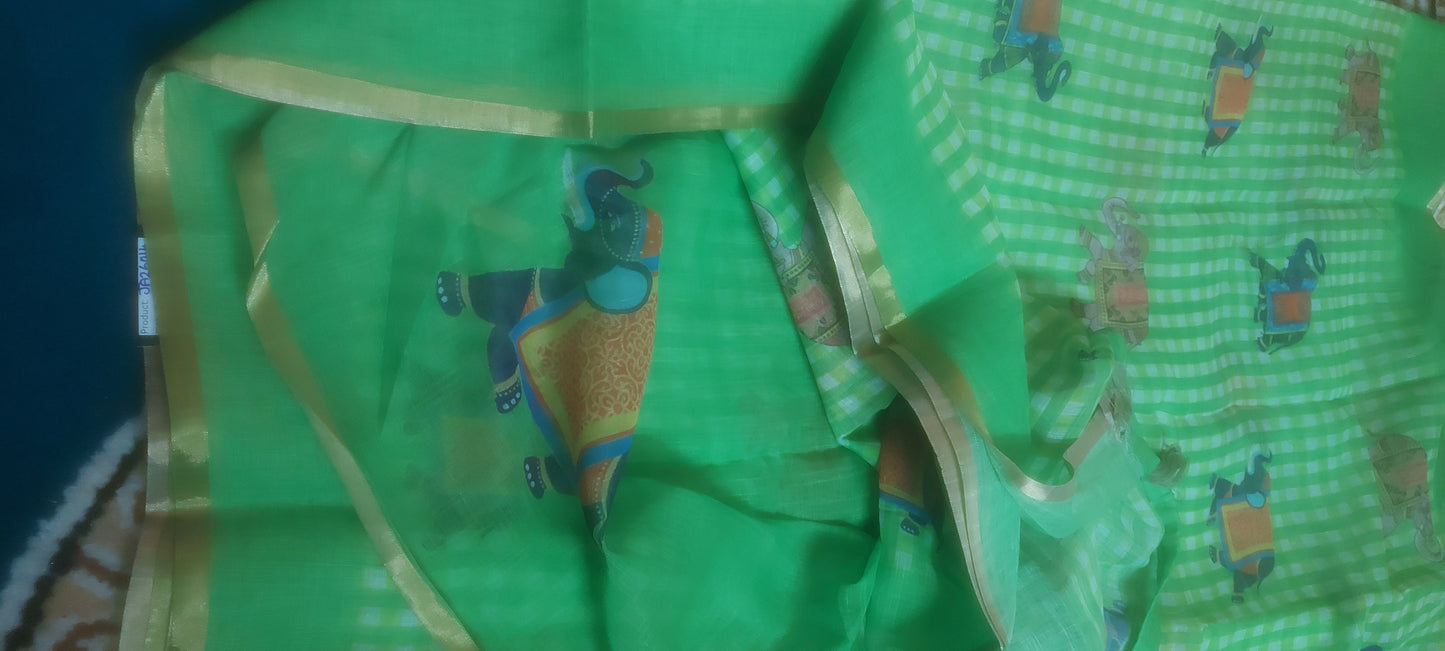 Green Gingnam checks elephant vegan linen saree JA26014