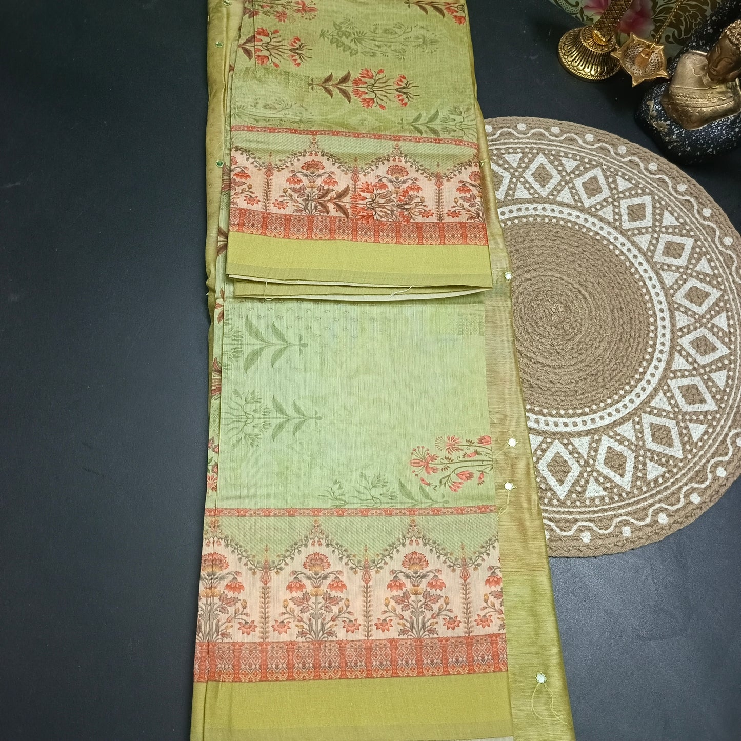 Green Vegan chanderi pichwai unstitched suits HA25365