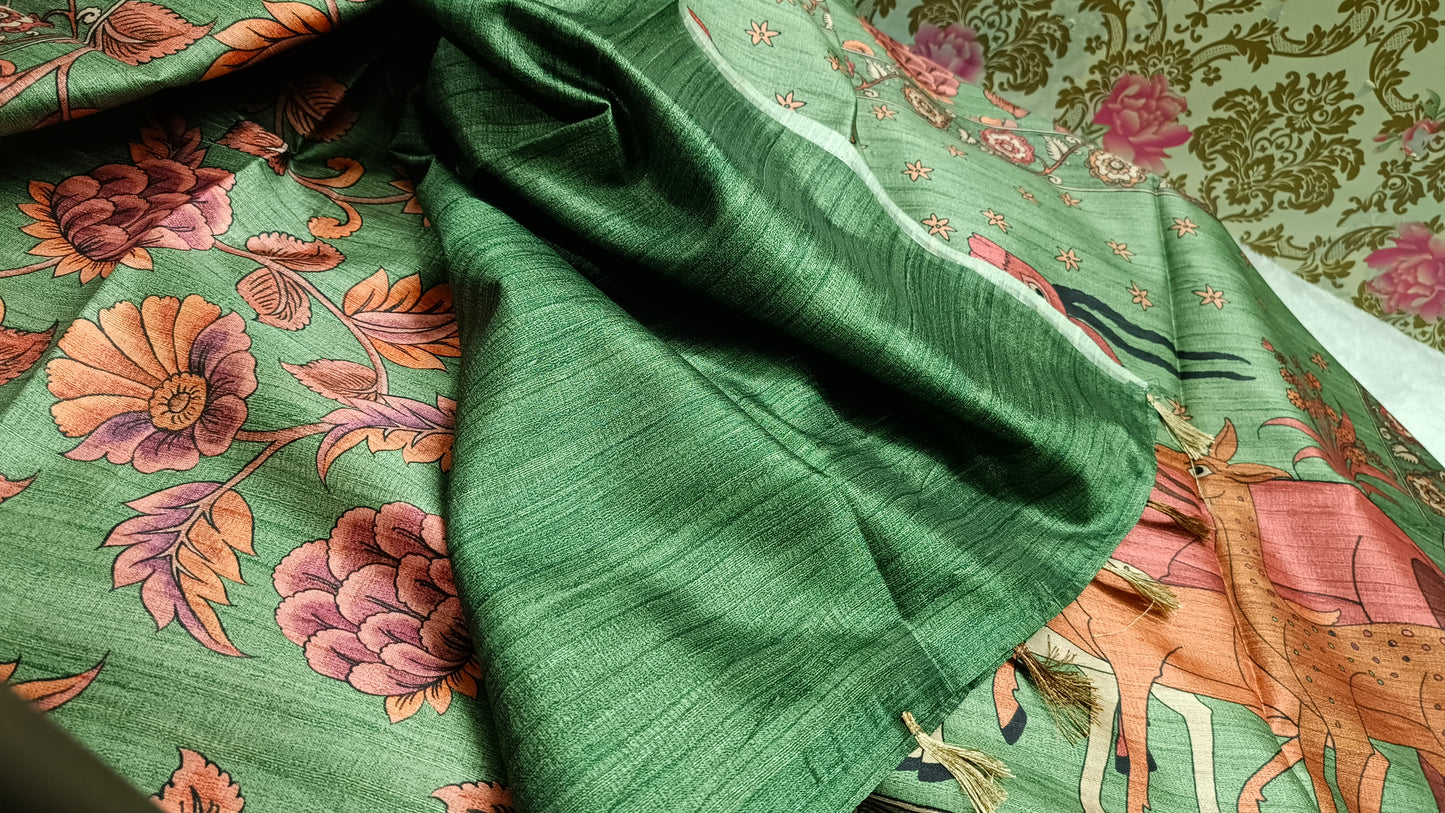 Green Ritika digital printed kalamkari vegan tussar saree SA25699