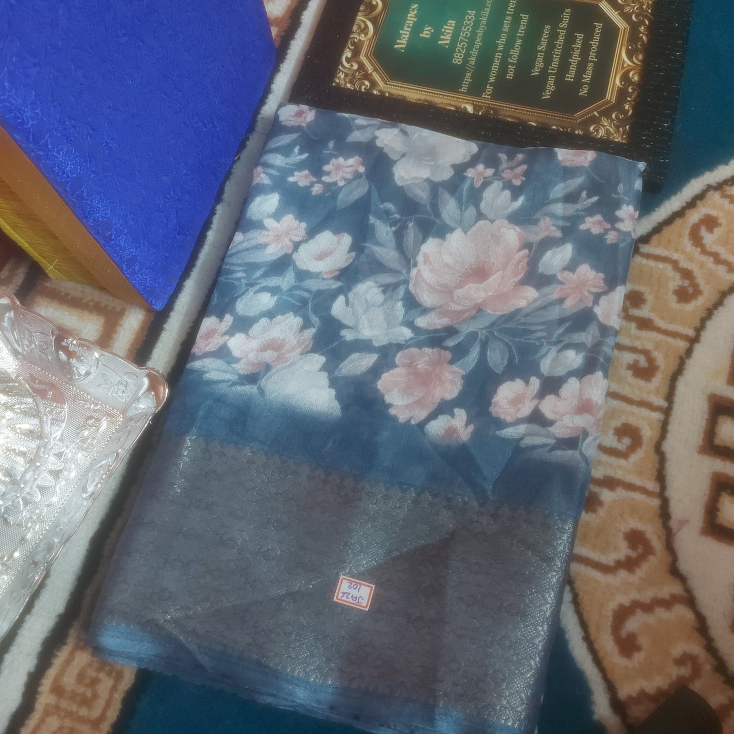 Indigo Vegan dola floral Weaving border saree JA26102