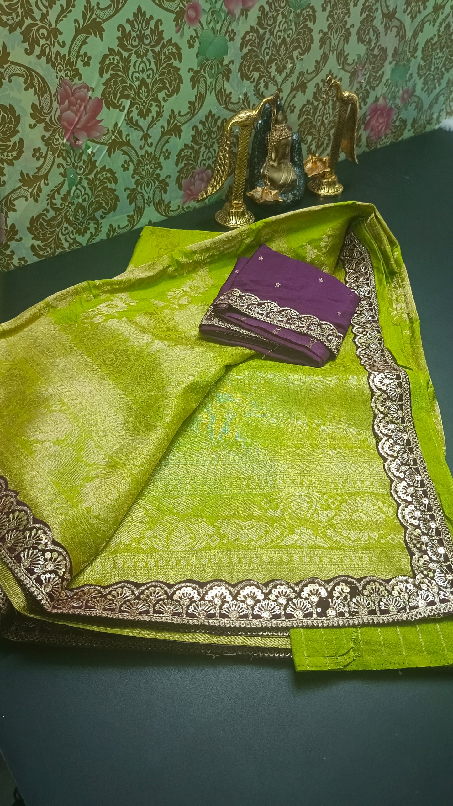 Lime green with violet Royal banarasi vegan kaddi georgette saree JA25331