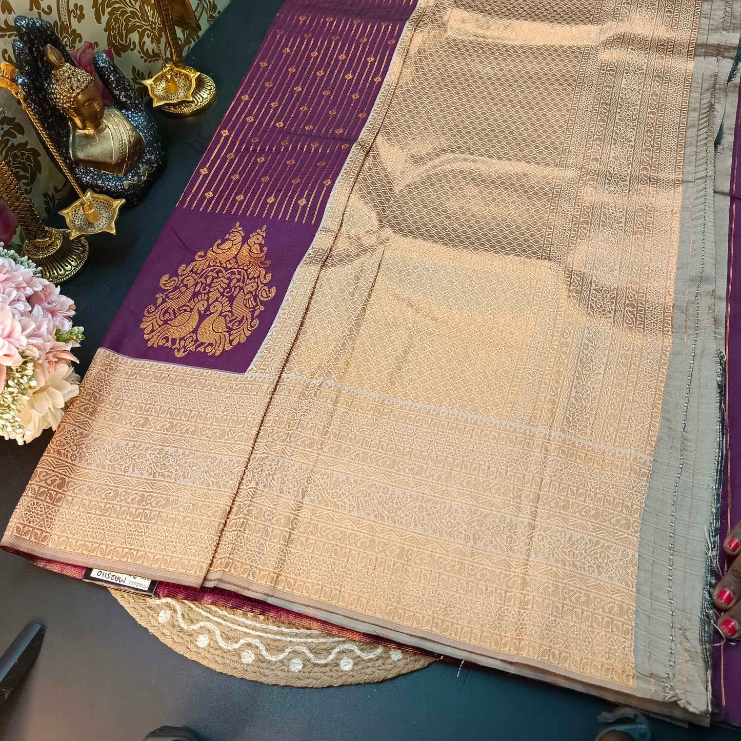 Dark purple beige Maragatha Muhurtham Vegan Kanchi Silk Saree MA25110