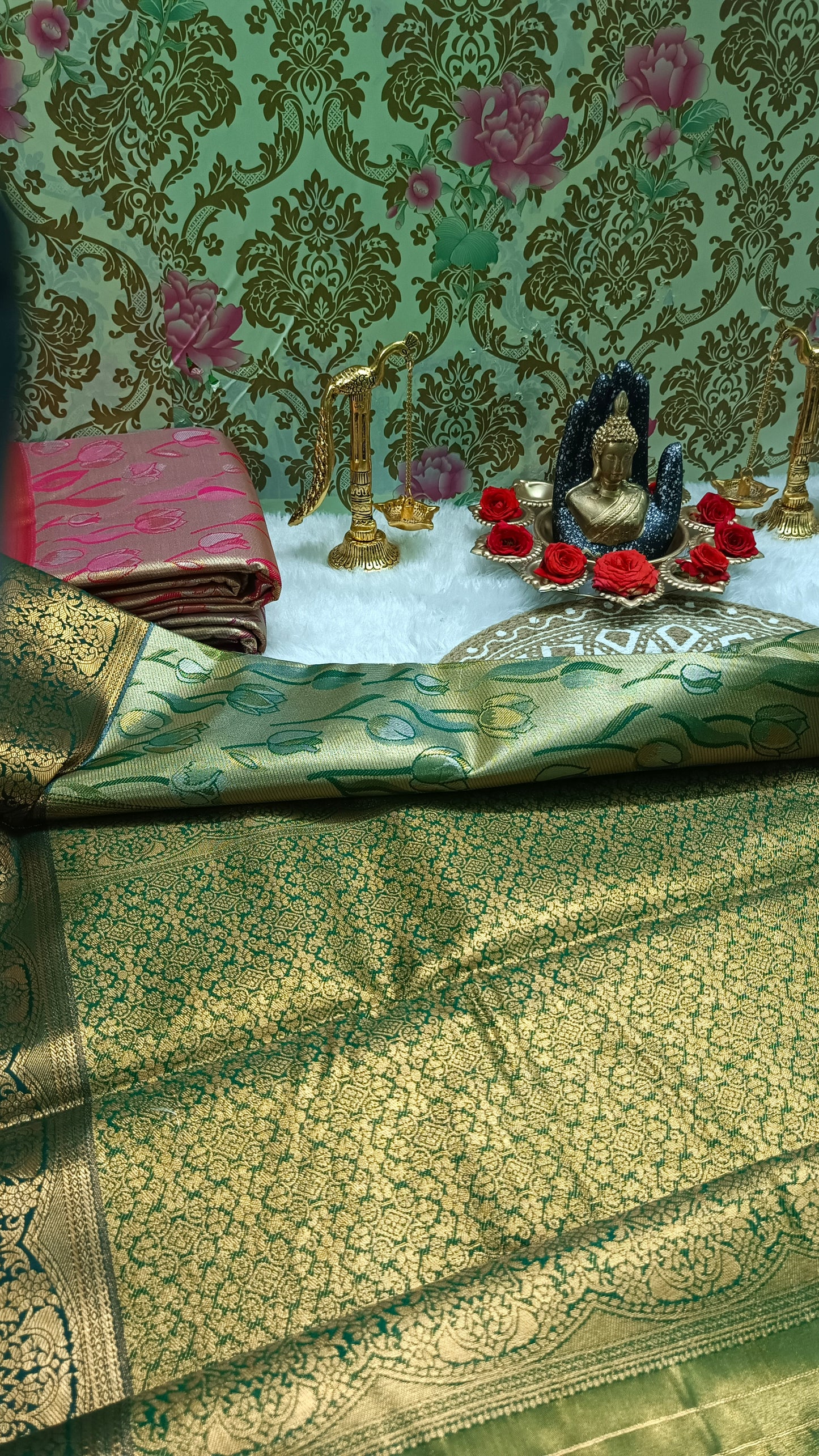 Green Tulika golden bridal tissue Vegan kanchi saree