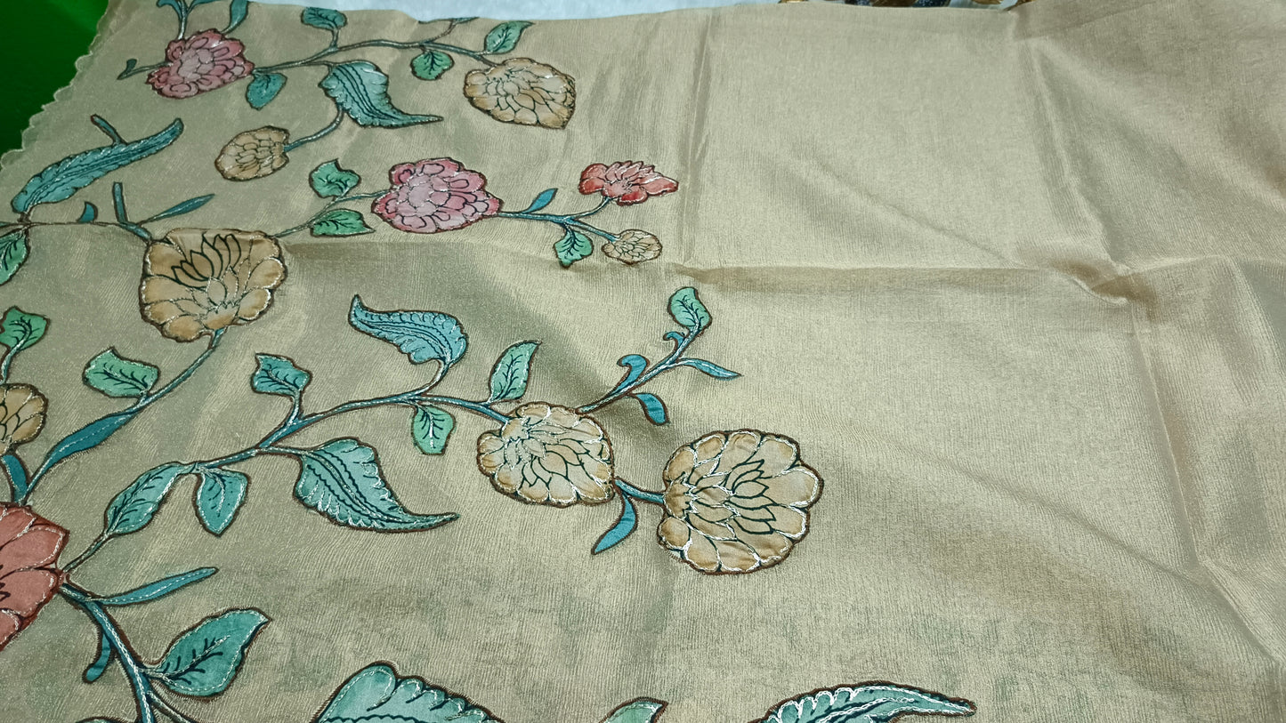 Gold Floral symphony applique vegan tissue saree SA25713