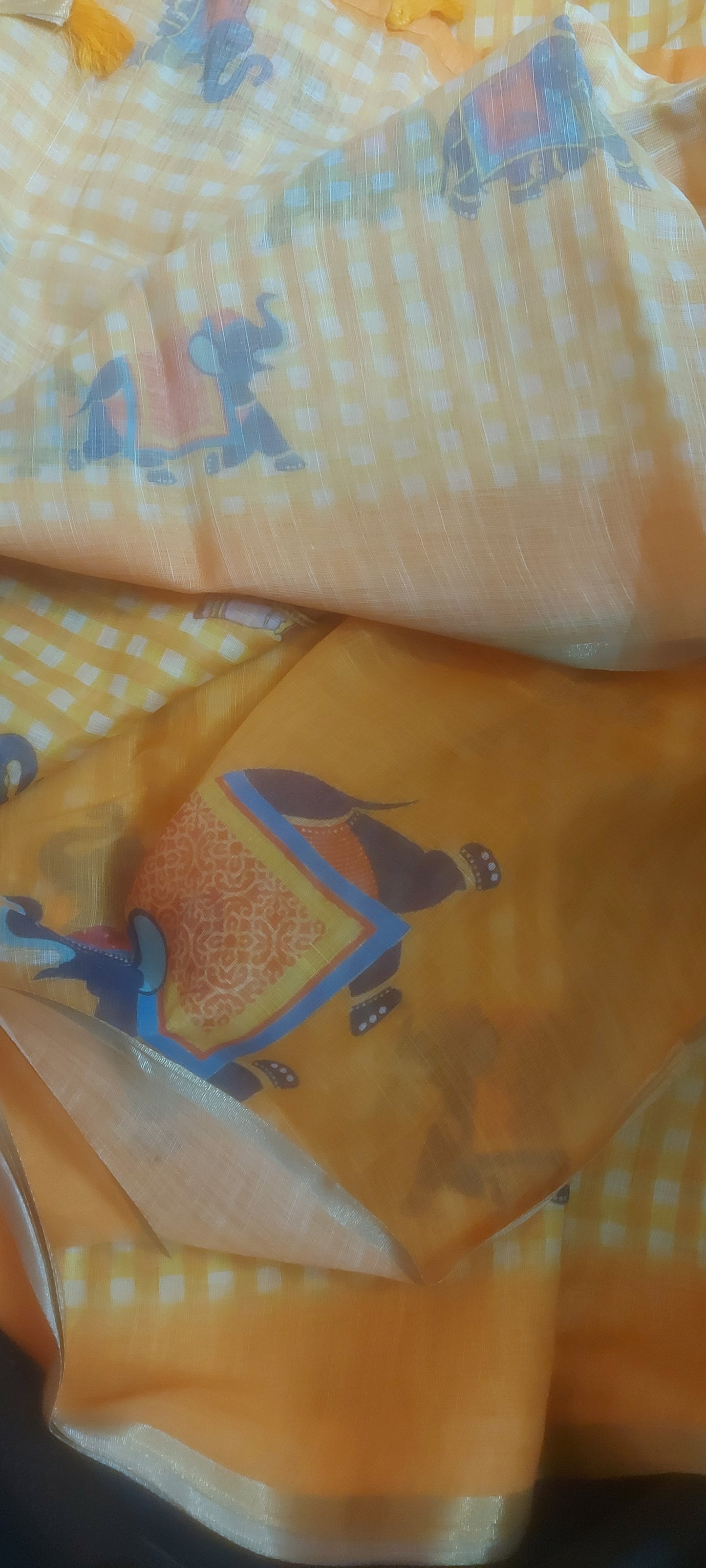 Yellow Gingnam checks elephant vegan linen saree JA26013
