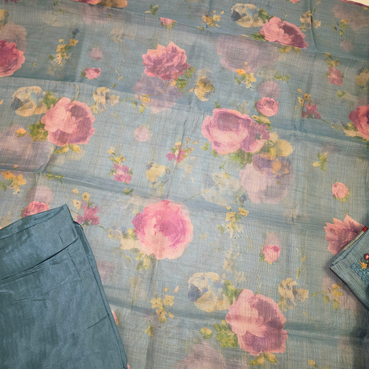 Blue Vegan tissue linen with neck work unstitched suits PA25048