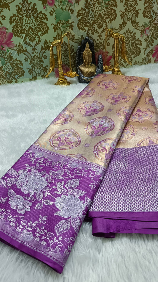 Gold with majenta Neelambari vegan tissue bridal kanchi silk saree LA25940