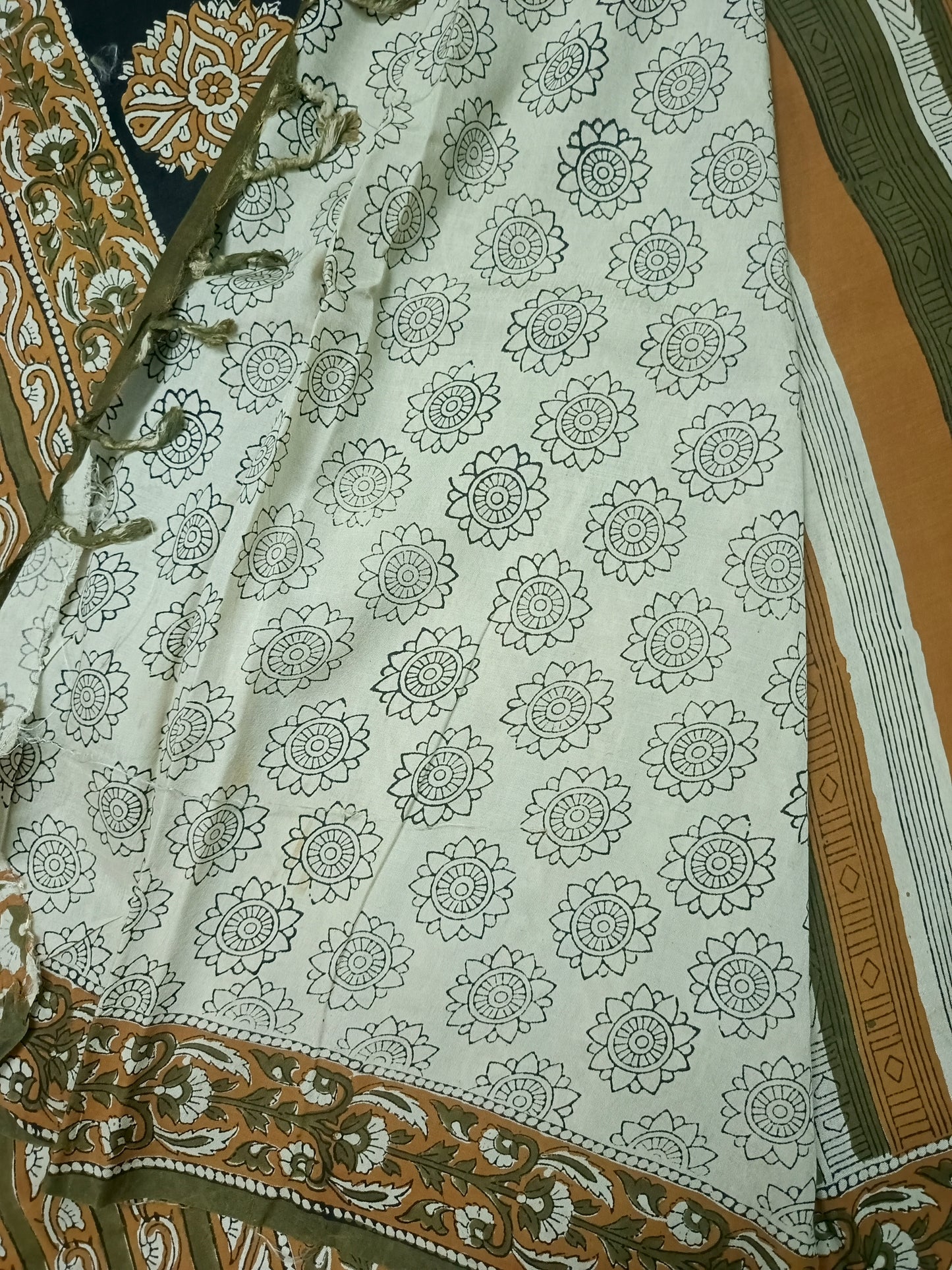 Green Mustard Vegan assam silk cotton bagru printed saree HA25535