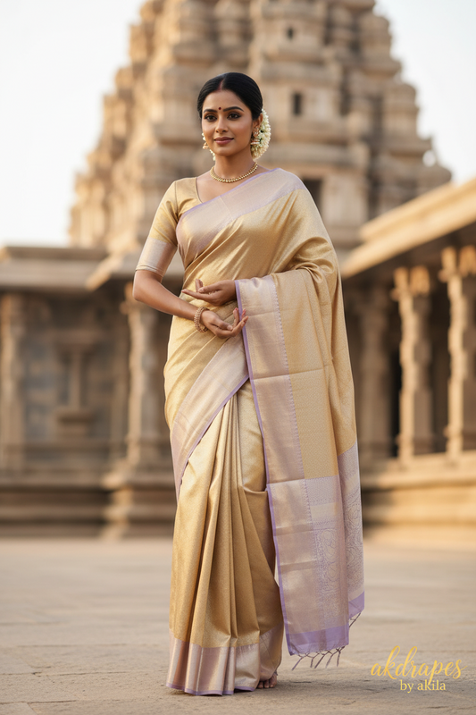Gold with Lavender Radiance Heritage vegan self tissue kanchi silk saree LA25939