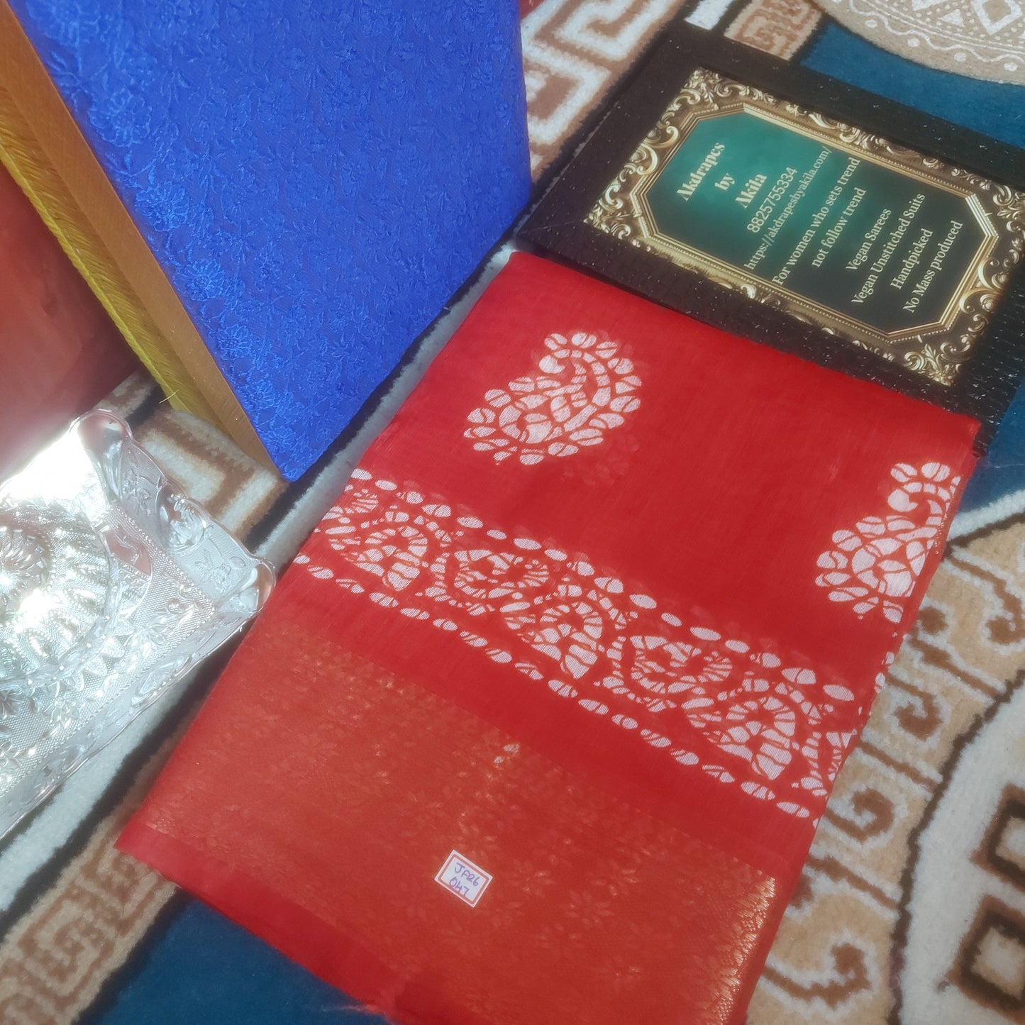 Red Vegan lenin Mango batik weaving border saree JA26047
