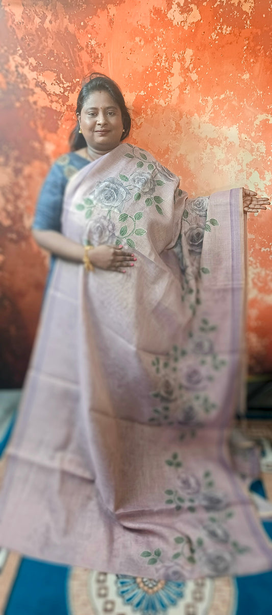 Purple Kantha blooms Vegan linen kantha work saree SA25710