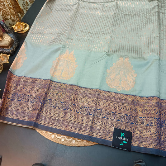 Light grey Navy blue Maragatha Muhurtham Vegan Kanchi Silk Saree MA25115