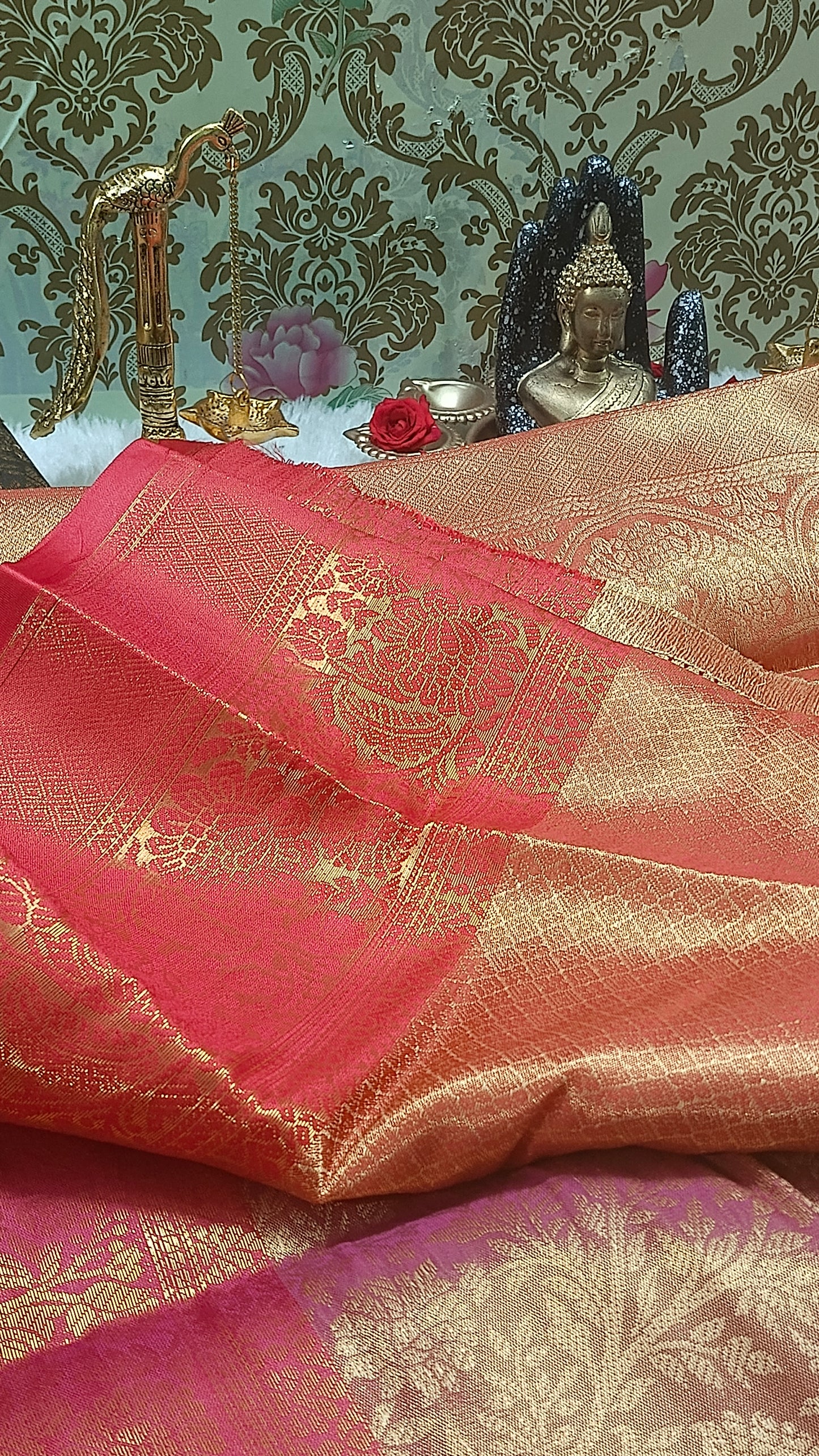 Pink with red Ratna Vastra vegan kanchi tissue silk saree MA25081