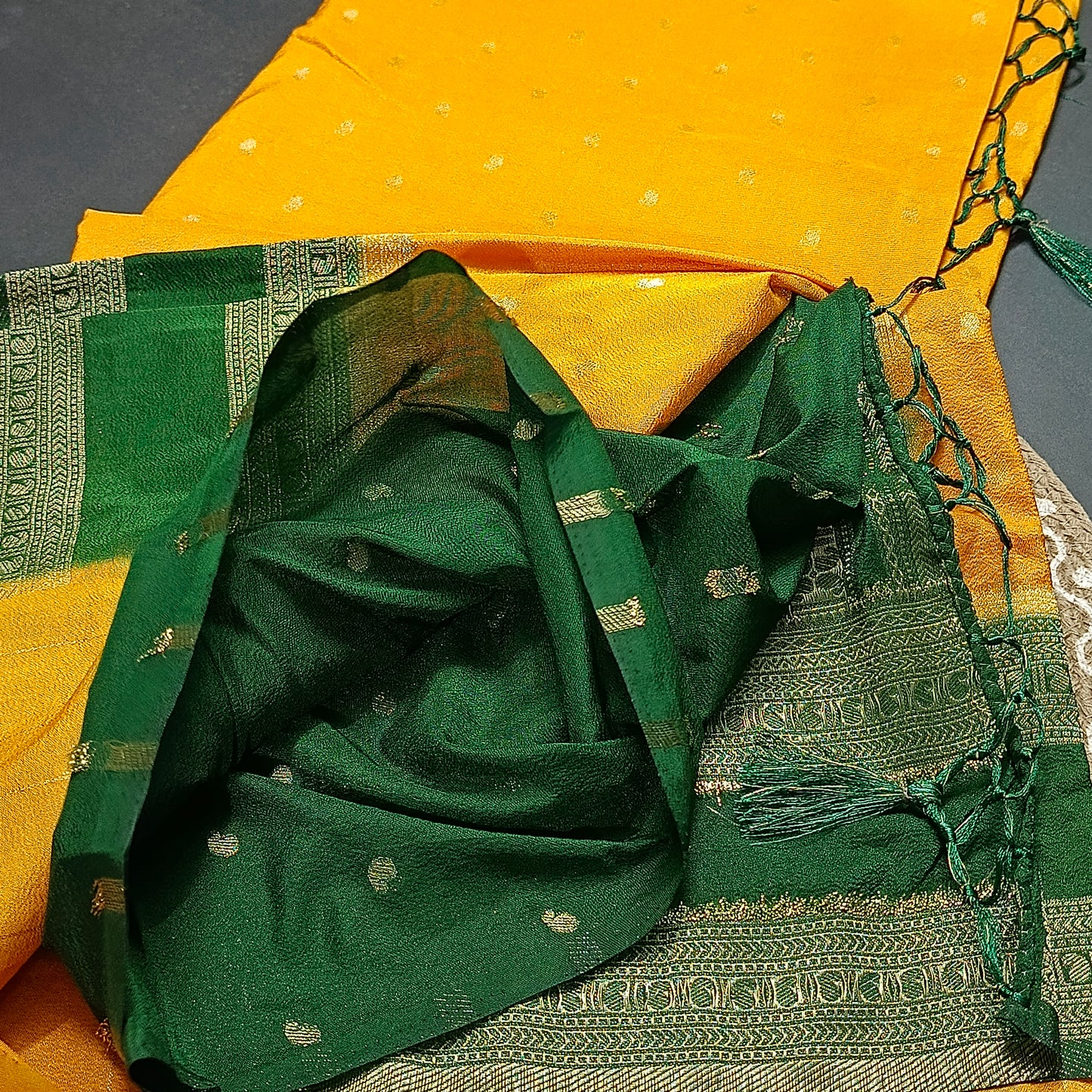 Yellow Green Kairika Vegan Viscose Crepe Silk Saree MA25165