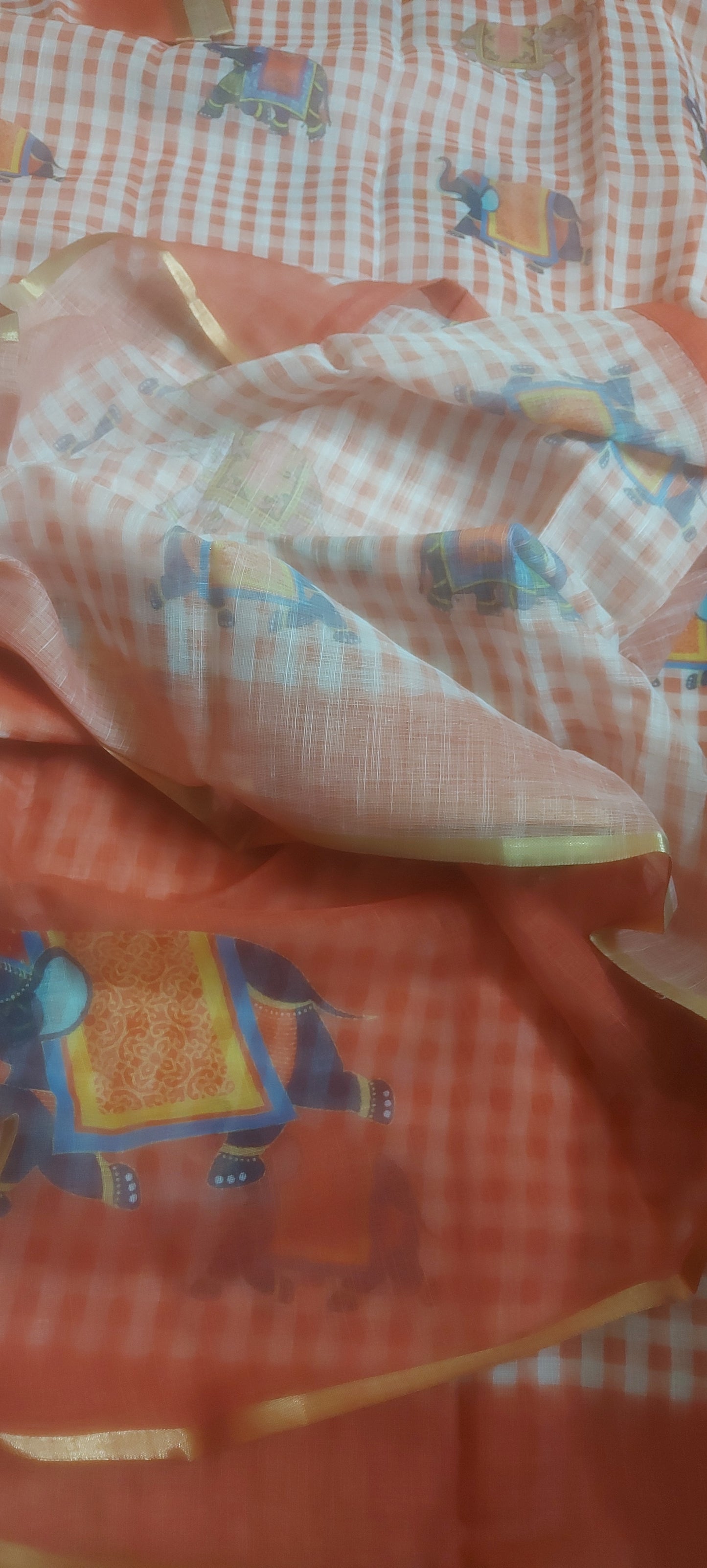 Rust Orange Gingnam checks elephant vegan linen saree JA26007
