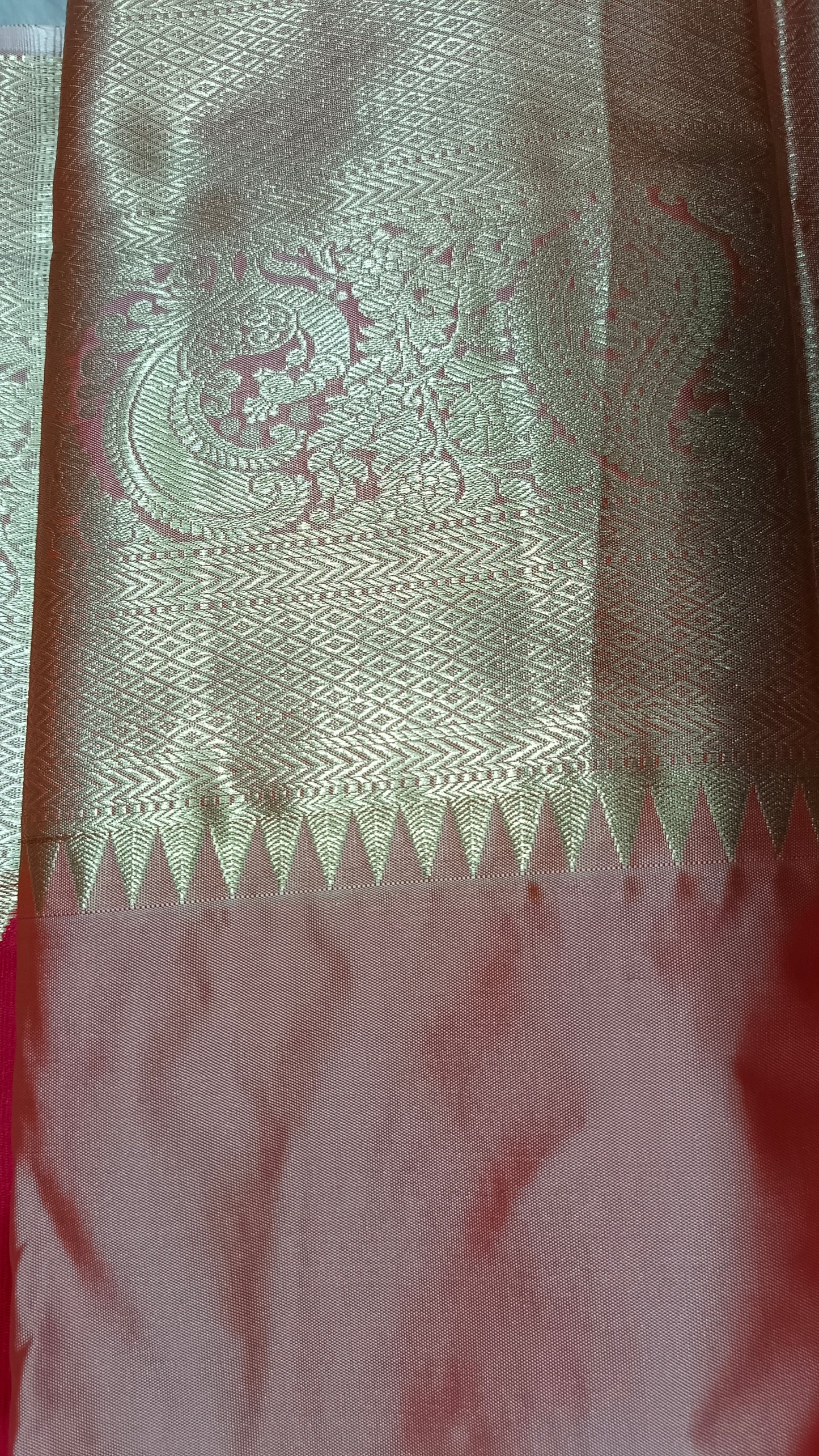 Chilli Red with pastel peach Parijatham Vegan premium kanchi brocade silk saree LA25930