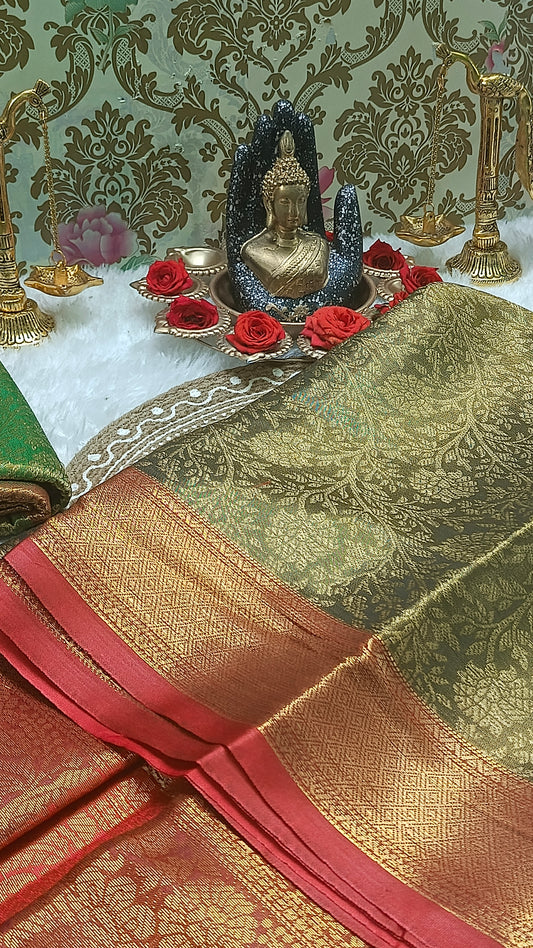 Grey with Red Ratna Vastra Vegan Kanchi TIssue silk saree MA25083