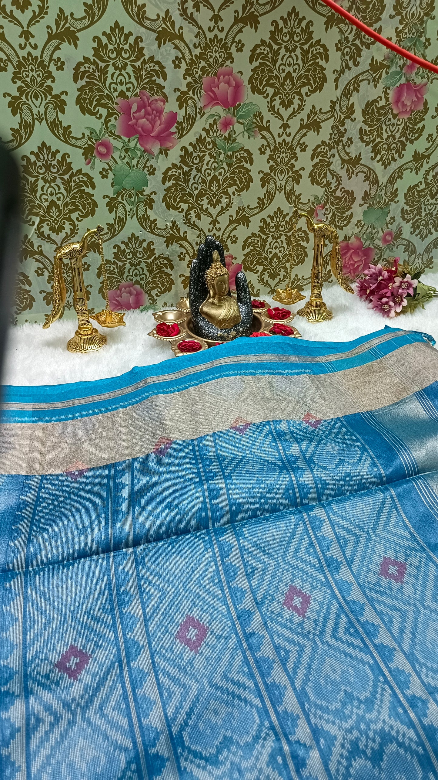 Blue Leheriya Handweave Ikkat Vegan silk Cotton Saree HA25435