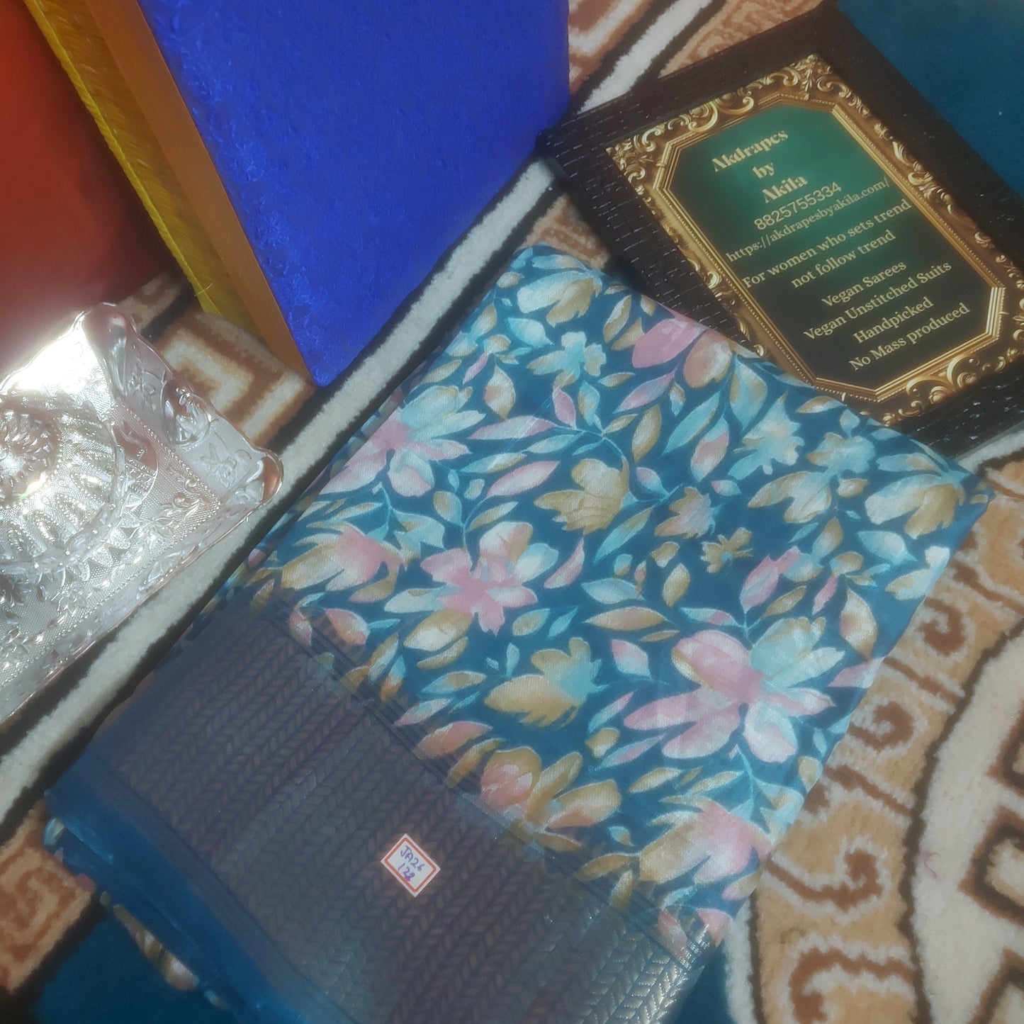 Blue Vegan dola floral Weaving border saree JA26122