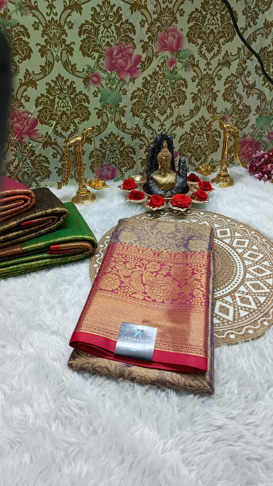 Violet with Red Ratna Vastra vegan kanchi tissue silk saree MA25082