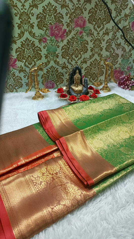 Green with Red Ratna Vastra Vegan kanchi tissue silk saree MA25080