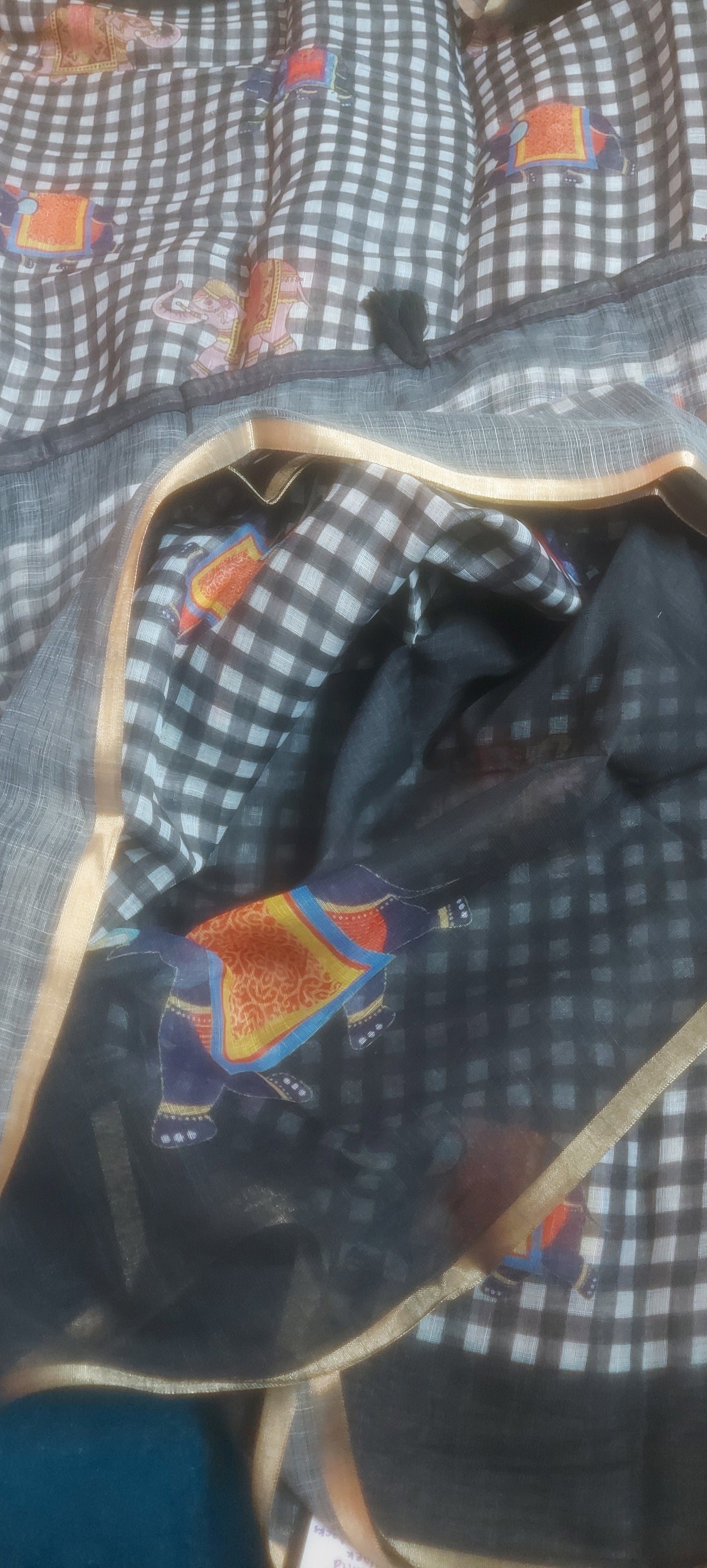 Black Gingnam checks elephant vegan linen saree JA26011