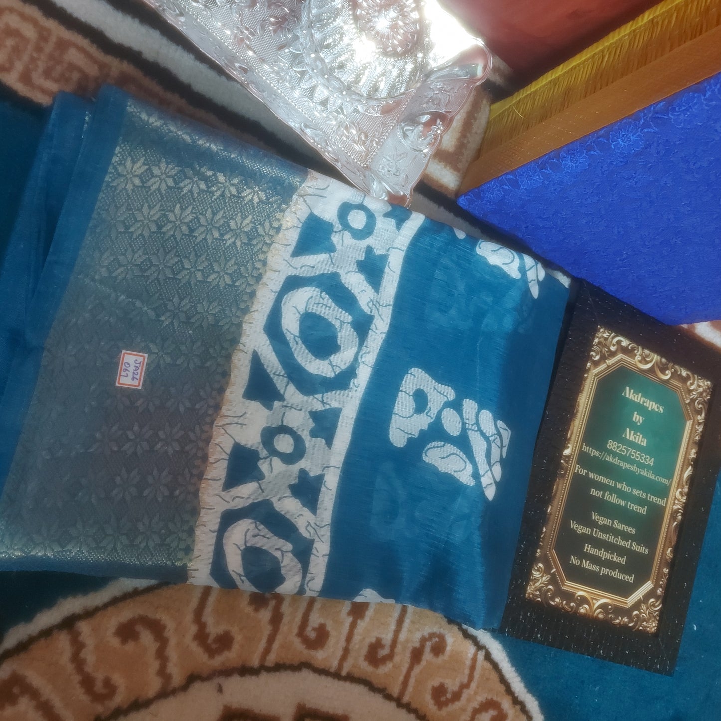 Blue vegan linen batik weaving border saree JA26067