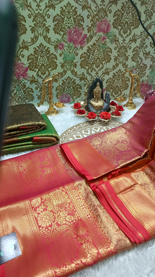 Pink with red Ratna Vastra vegan kanchi tissue silk saree MA25081