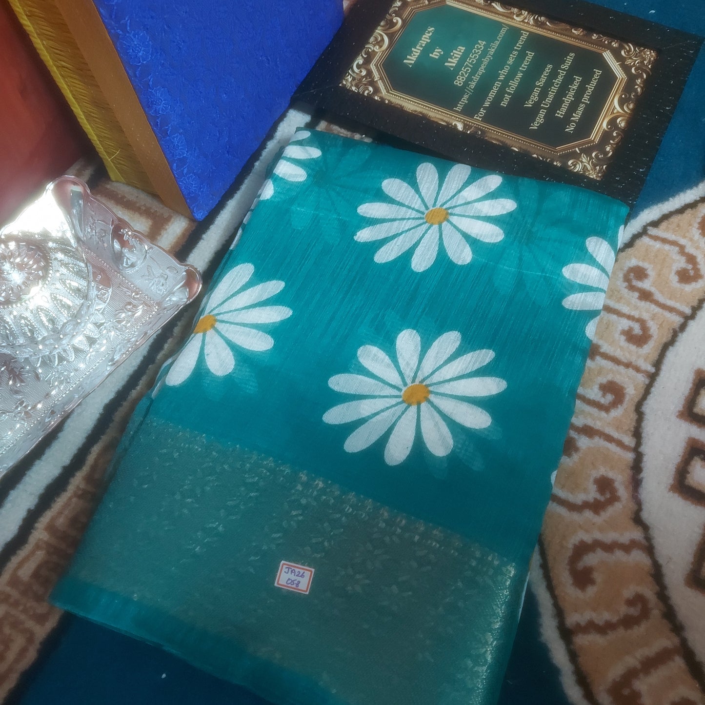 Sapphire green vegan linen sunflower weaving border saree JA26058