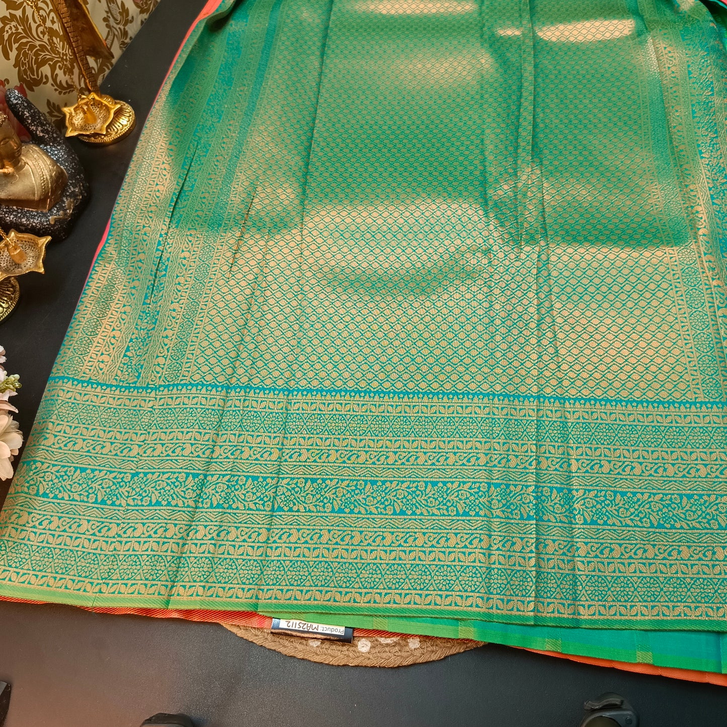Peach Green Maragatha Muhurtham Vegan Kanchi Silk Saree MA25112