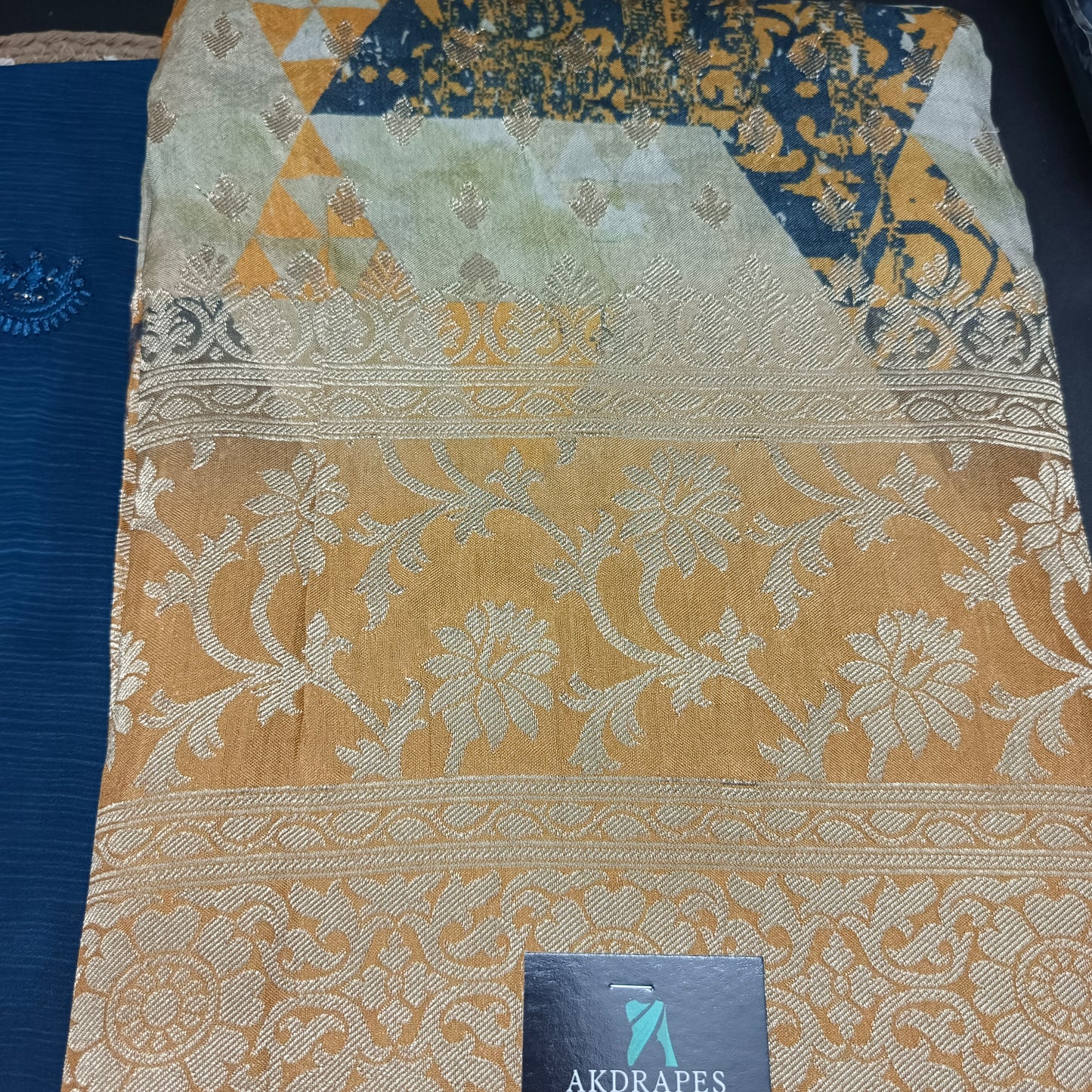 Peacock blue yellow vegan chinnon silk Unstitched suits HA25397