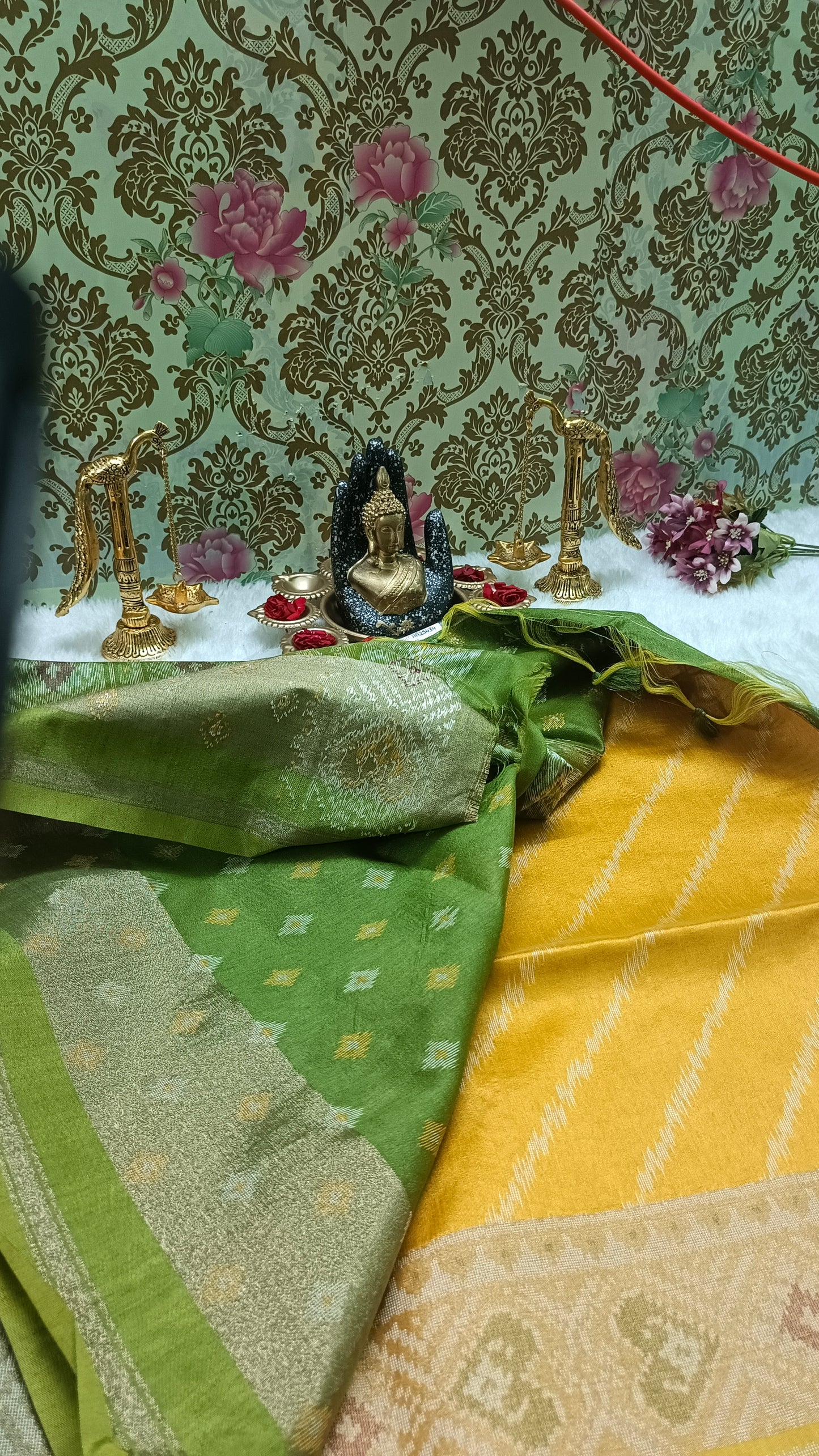 Yellow with Green Leheriya Handweave ikkat Vegan silk cotton saree HA25434