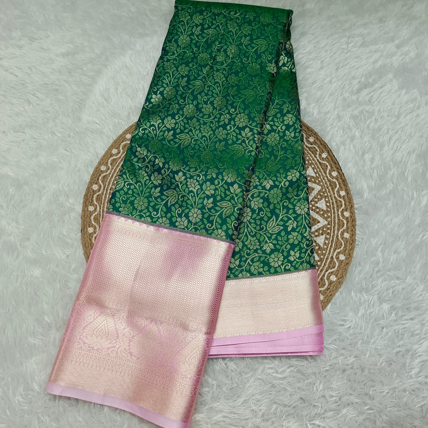 Green with Pastel Pink Aishwariyam Vegan Kanchi Brocade silk saree LA25947