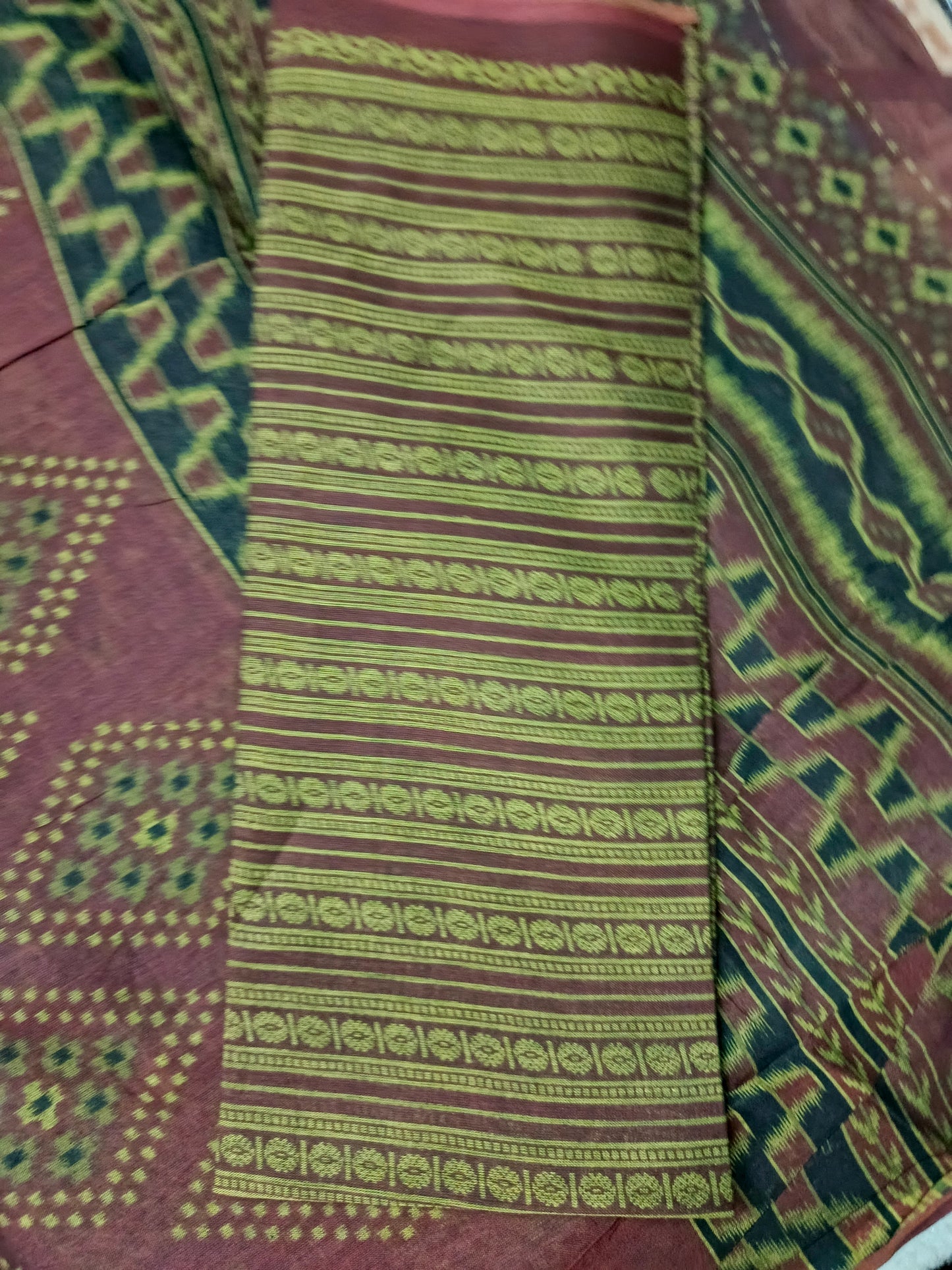 Green Malai Maska ikkat screen printed vegan malai cotton saree HA25541