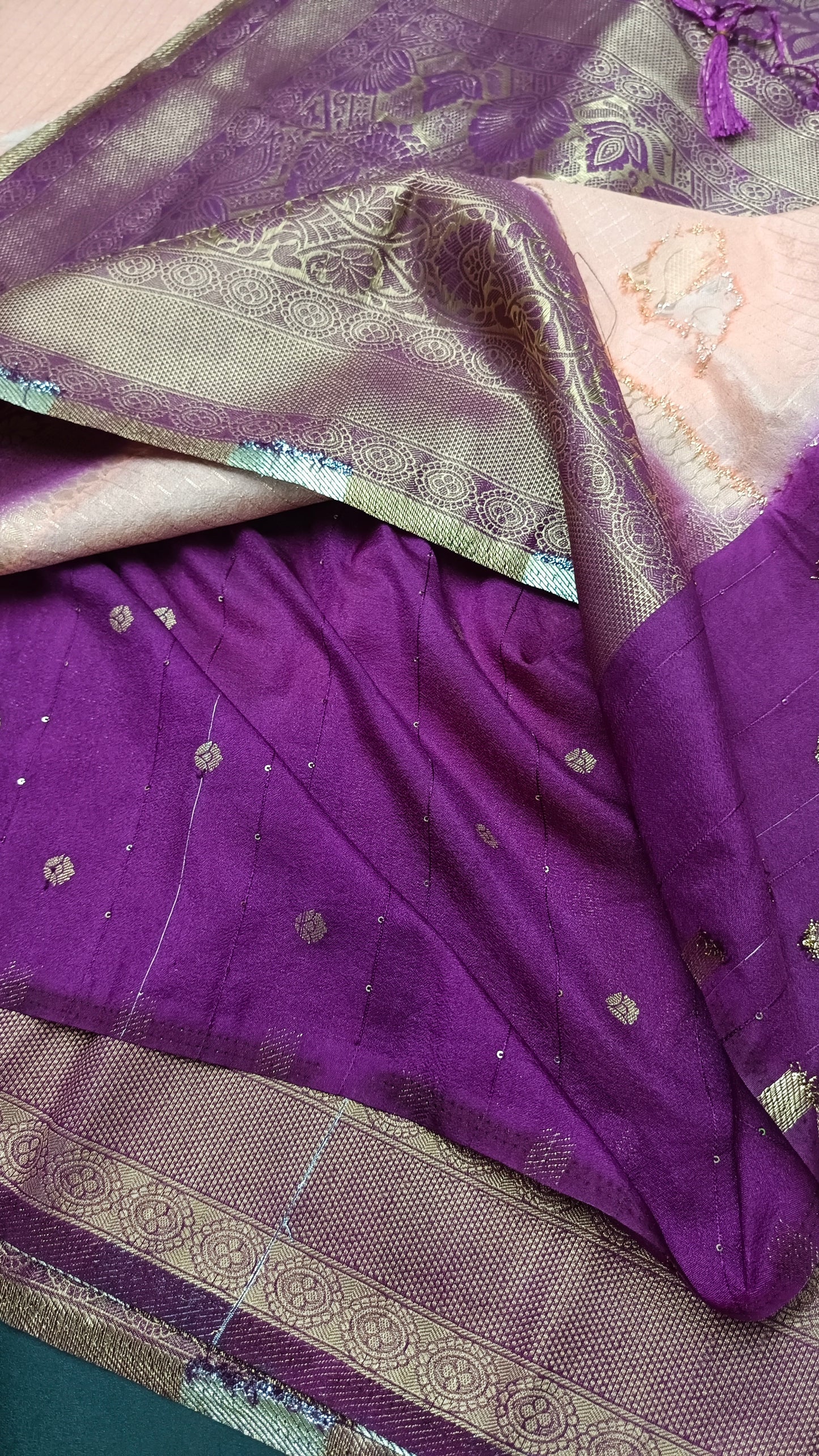 Pastel Peach purple Midhuna Pakshi Premium Vegan Crepe silk Saree MA25214
