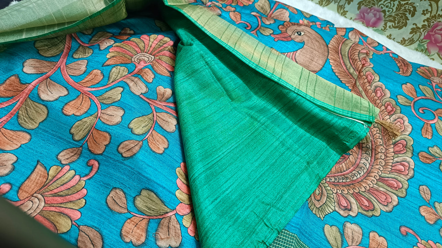 Blue with green khushboo digital printed kalamkari vegan tussar saree SA25696