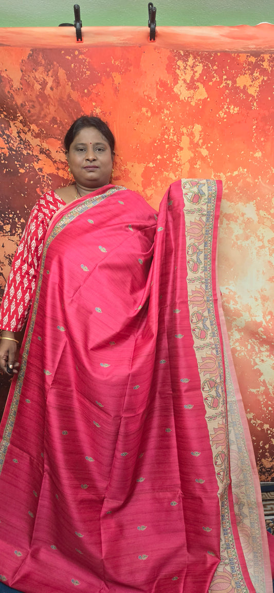 Pink Madhubani Vegan Tussar saree SA25702