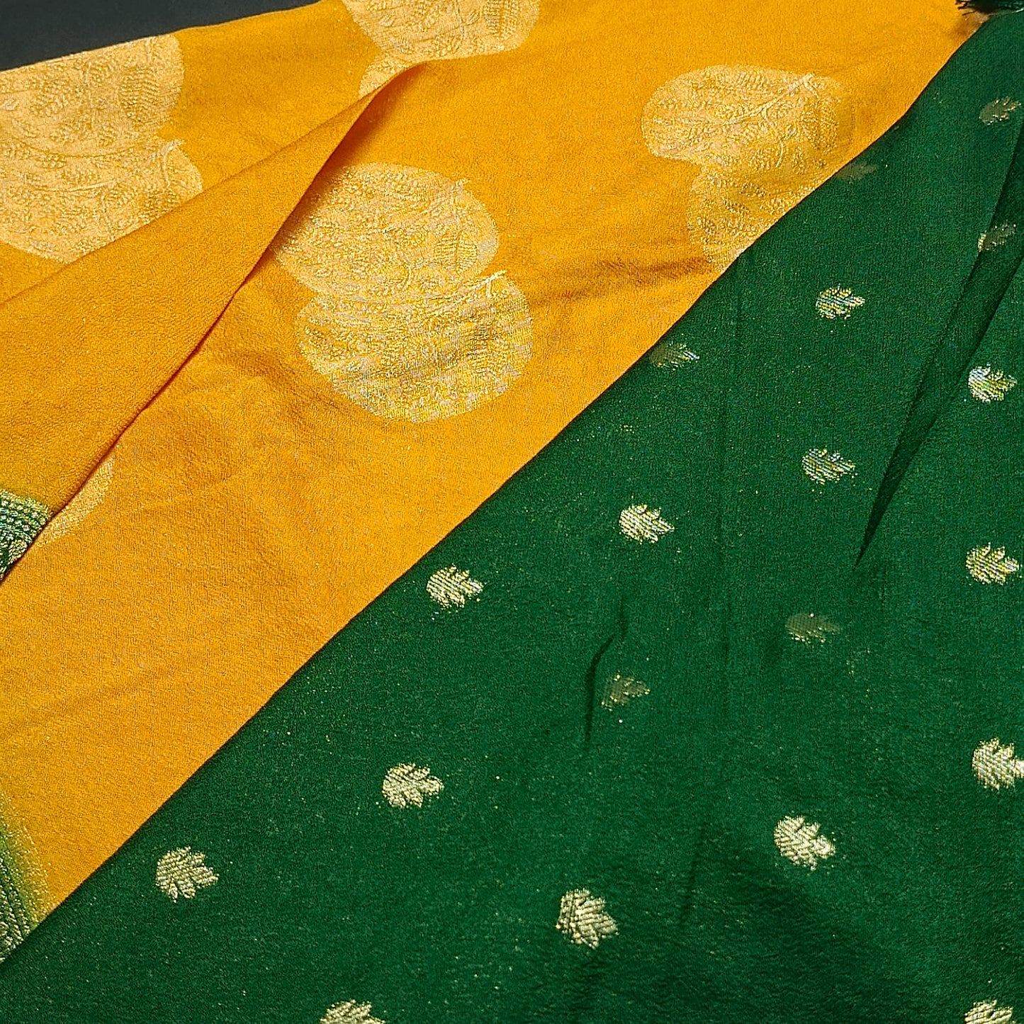 Yellow banarasi vana premium vegan Kaddi georgette saree MA25206