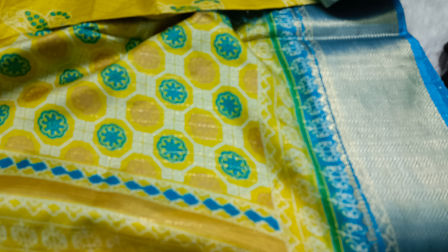 Yellow with Blue Semi dola butterfly saree SA25716