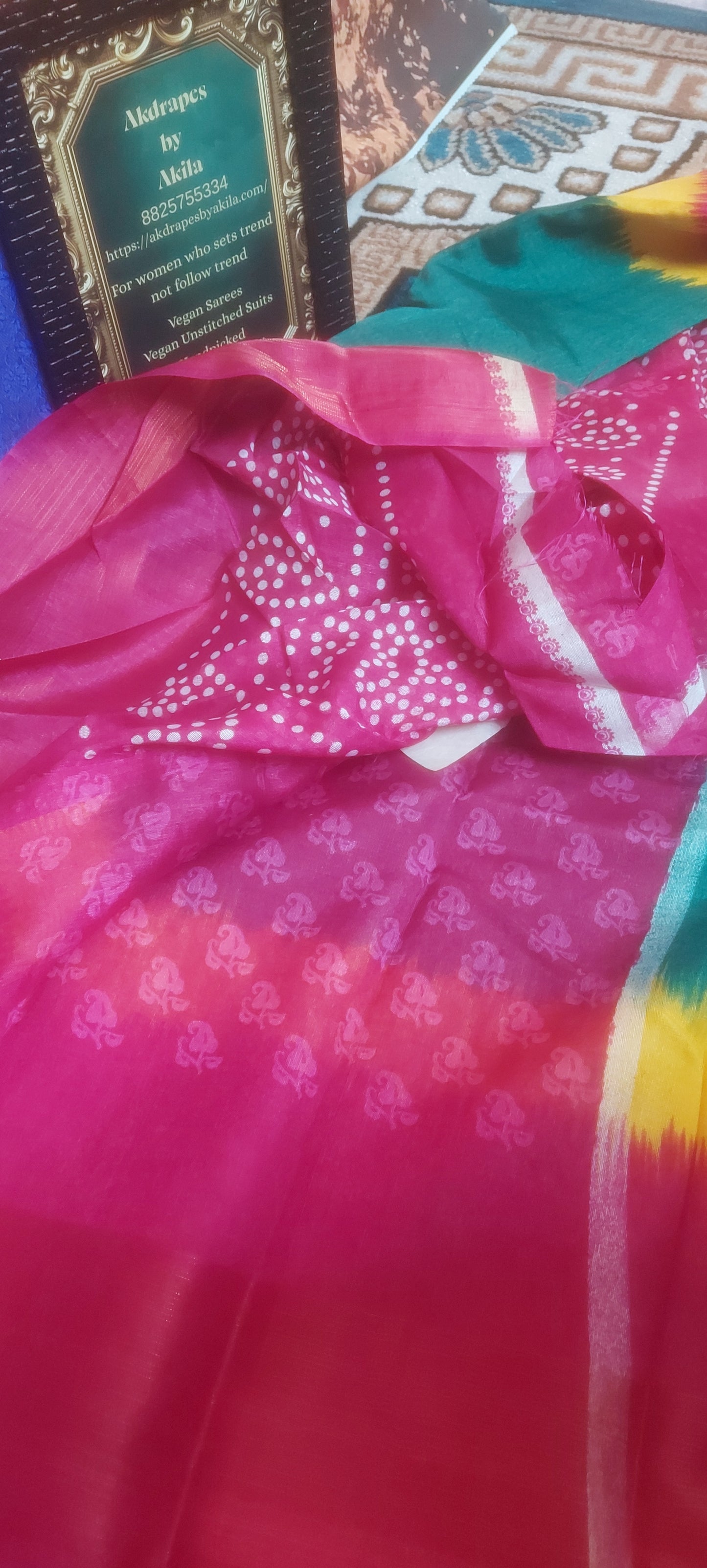 Green Tricolor vegan linen zari border saree JA26034